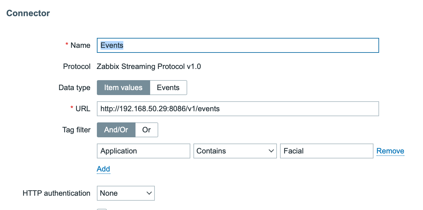 Zabbix connector settings