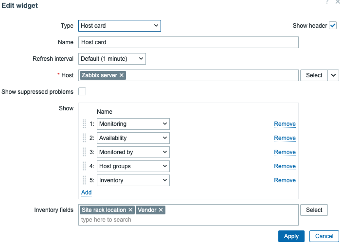 Host card configuration dialog