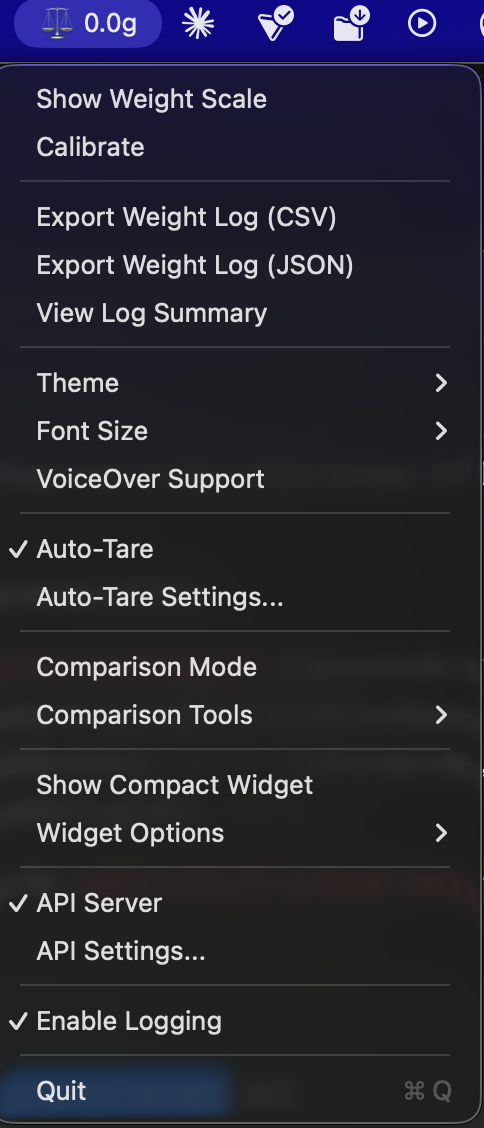 Weight Scale menu on macOS top bar