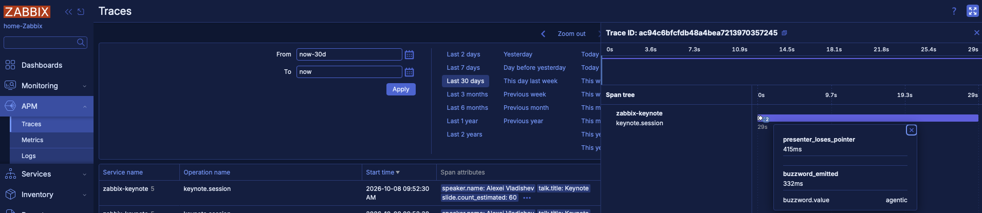 Tracing view showing events on timeline