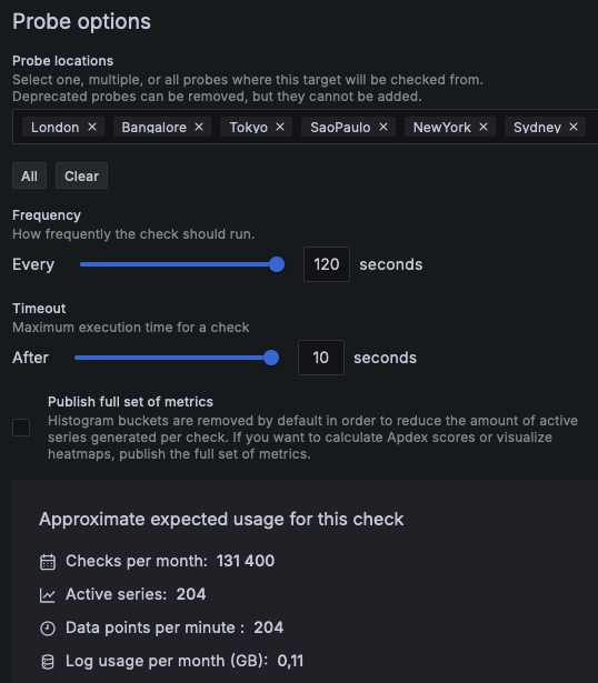Grafana Cloud HTTP checks settings